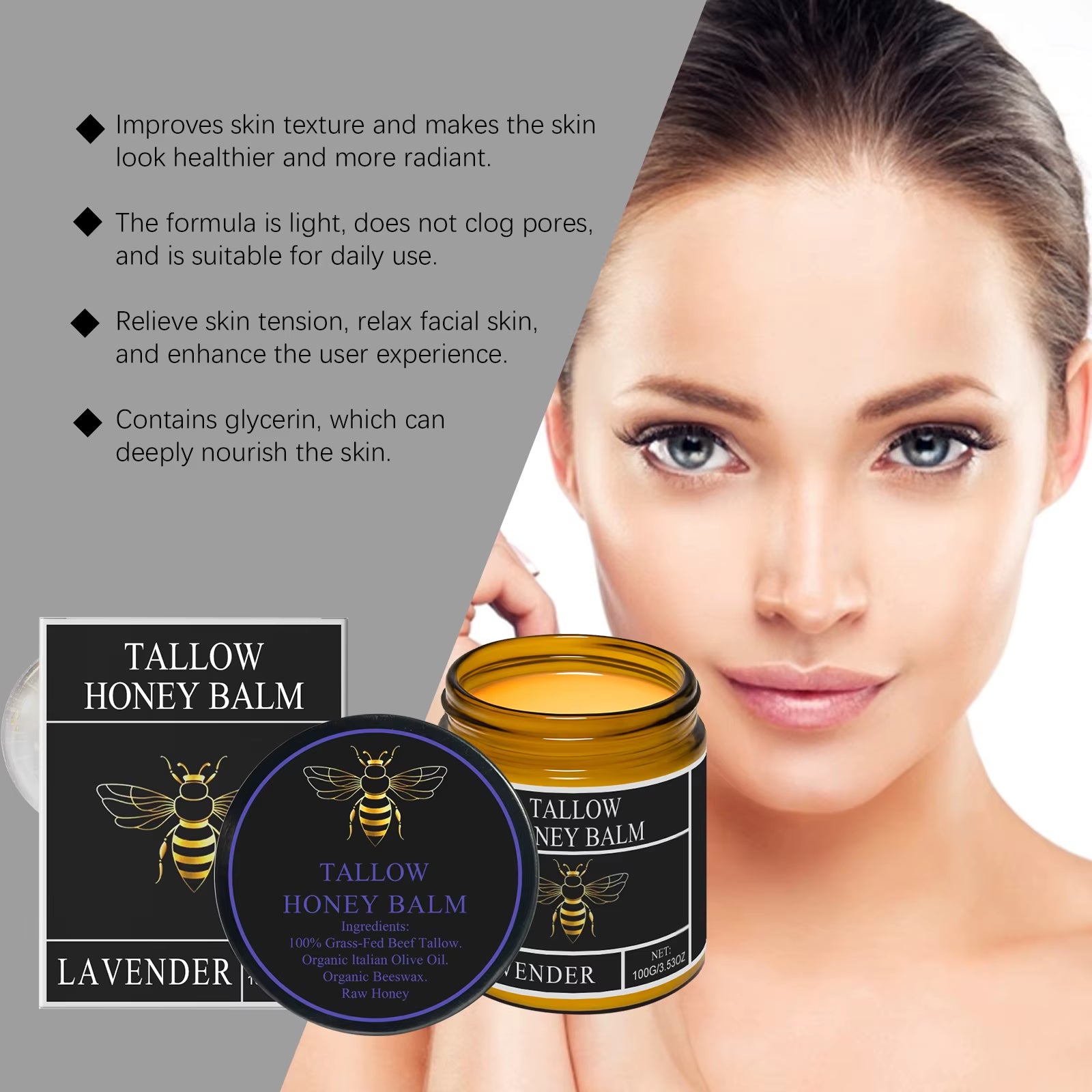 Beef Tallow Honey Moisturizer Grass Fed Whipped Tallow Face Cream Body Lotion Non Greasy Nourishing Fast Absorption Skin Care